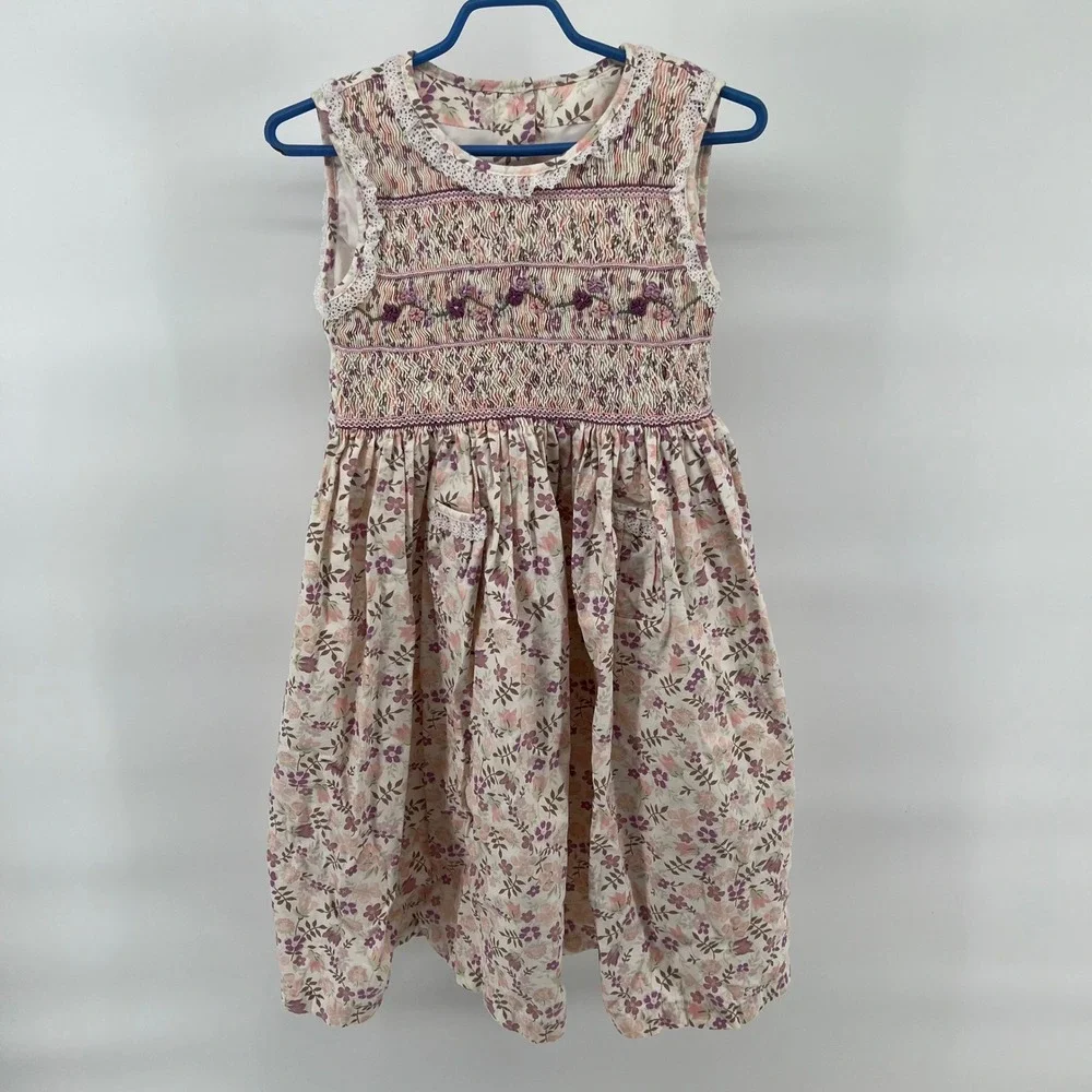 Marks Spencer Kids Girls Floral Smocked Dress Pockets Belt 4-5 Years Embroidered - Picture 2 of 9